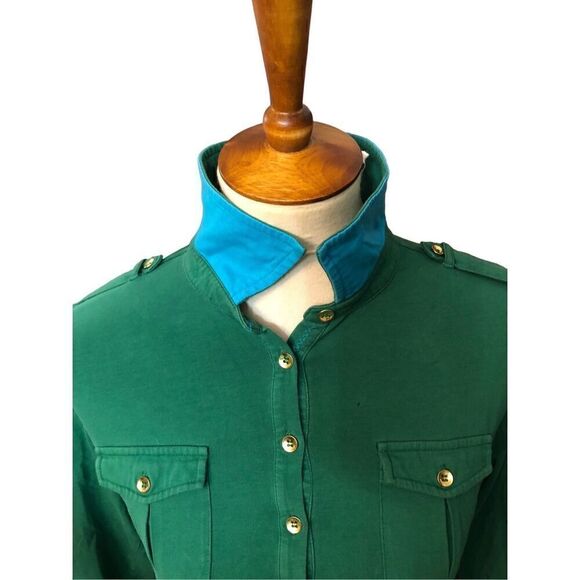 Tommy Hilfiger green 3/4 button crown collared with gold accent buttons size L - Picture 8 of 14